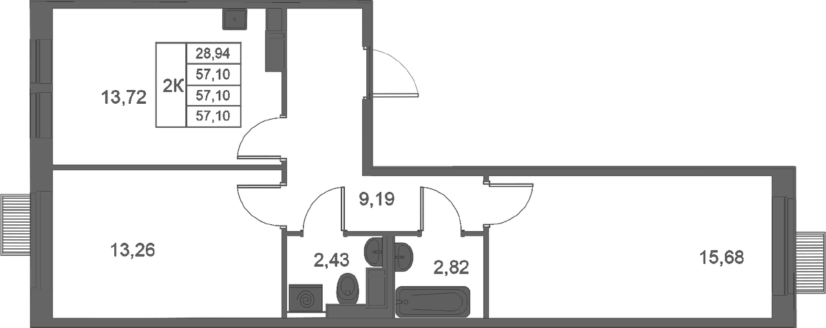 Планировка двухкомнатная 57.1 м² в ЖК «Большое Путилково. ФК УРАЛСИБ», корпус 28