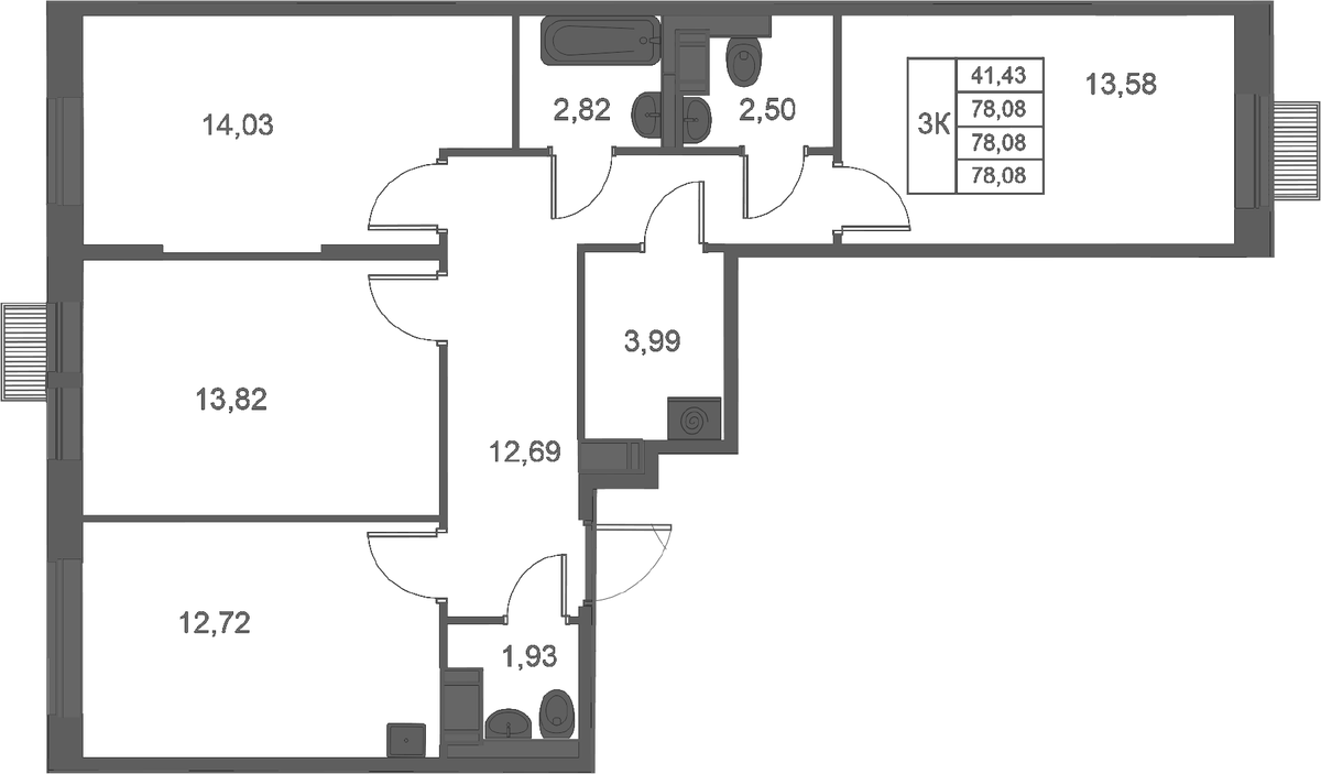 Планировка трёхкомнатная 78.08 м² в ЖК «Большое Путилково. ФК УРАЛСИБ», корпус 28