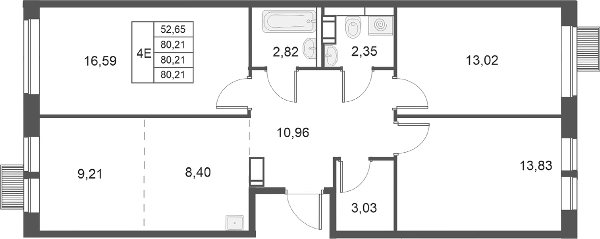 Планировка евро-4 (4Е) 80.21 м² в ЖК «Большое Путилково. ФК УРАЛСИБ», корпус 28