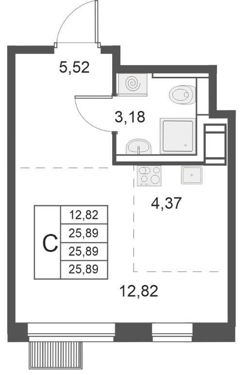 Планировка Студии 25.89 м² в ЖК «Большое Путилково. ФК УРАЛСИБ», корпус 28