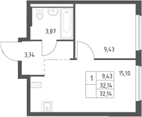 Планировка однокомнатная 32.14 м² в ЖК «Большое Юрлово », корпус 6