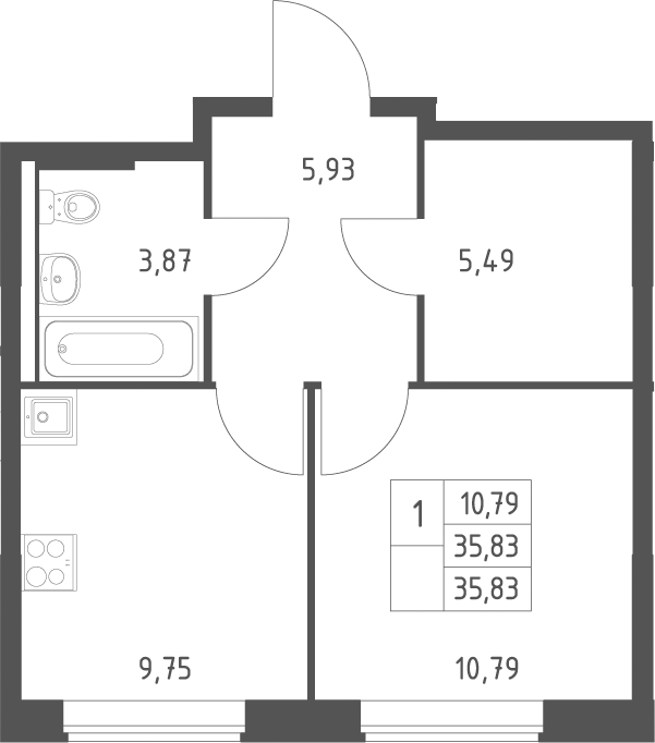 Планировка однокомнатная 35.83 м² в ЖК «Большое Юрлово », корпус 5