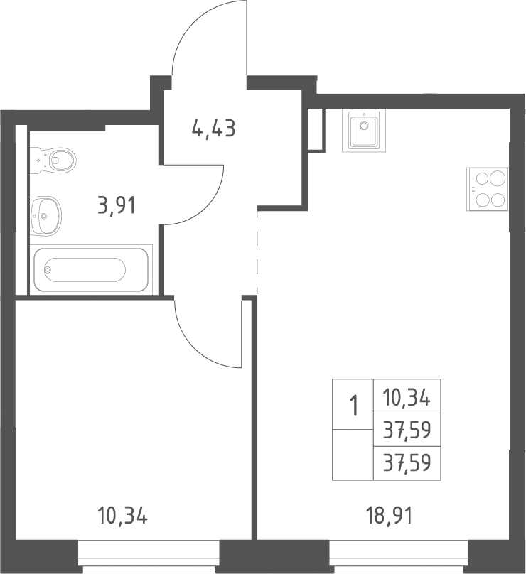 Планировка евродвушка (2Е) 37.59 м² в ЖК «Большое Юрлово », корпус 5