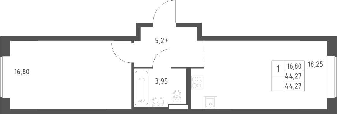 Планировка евродвушка (2Е) 44.27 м² в ЖК «Большое Юрлово », корпус 5