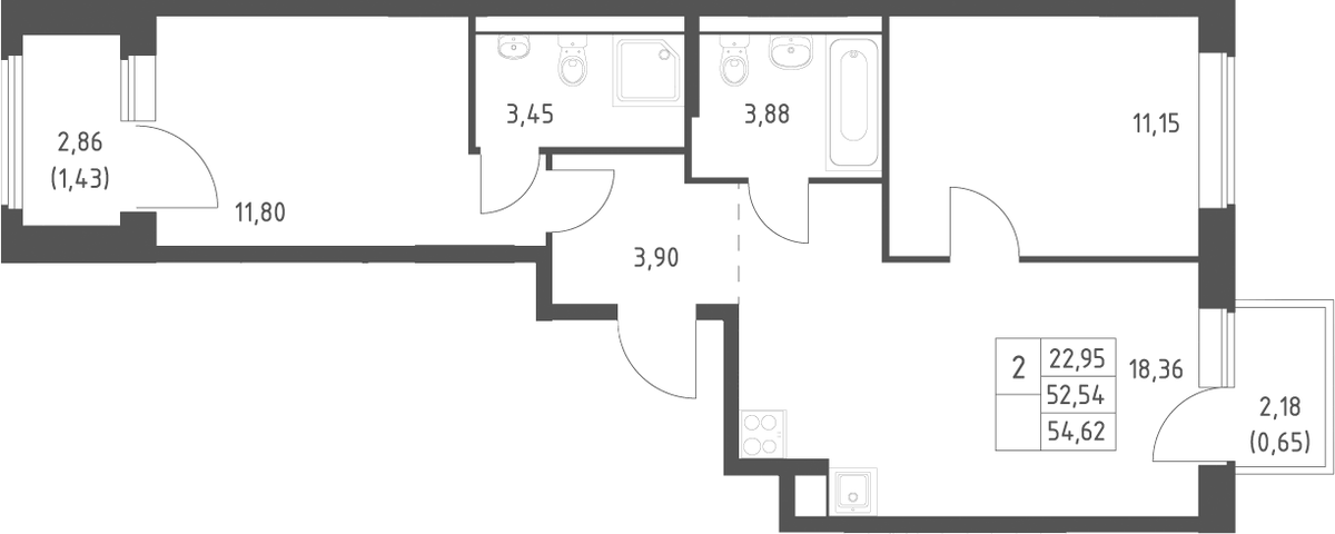 Планировка евротрёшка (3Е) 54.62 м² в ЖК «Большое Юрлово », корпус 5