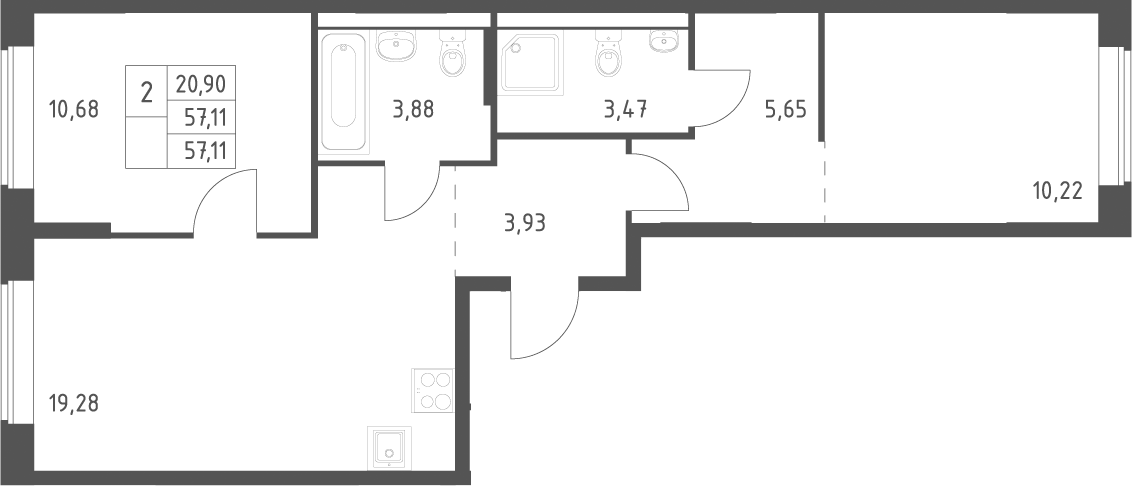 Планировка евротрёшка (3Е) 57.11 м² в ЖК «Большое Юрлово », корпус 5