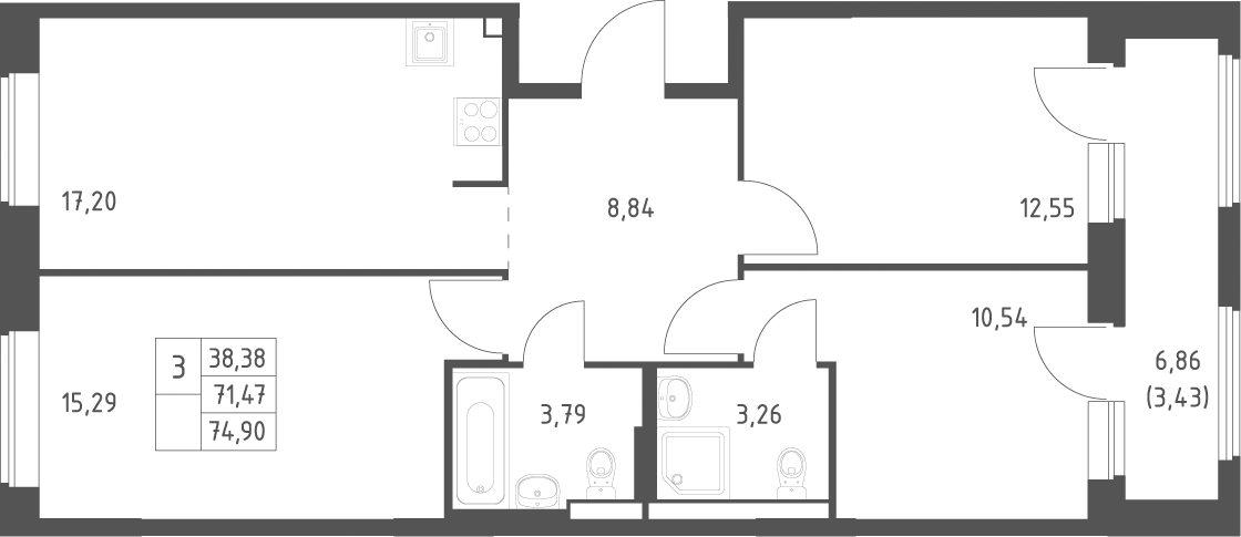 Планировка евро-4 (4Е) 74.9 м² в ЖК «Большое Юрлово », корпус 5
