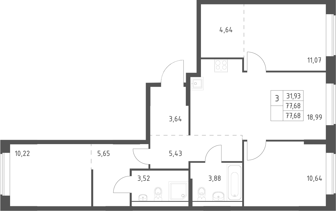 Планировка евро-4 (4Е) 77.68 м² в ЖК «Большое Юрлово », корпус 5