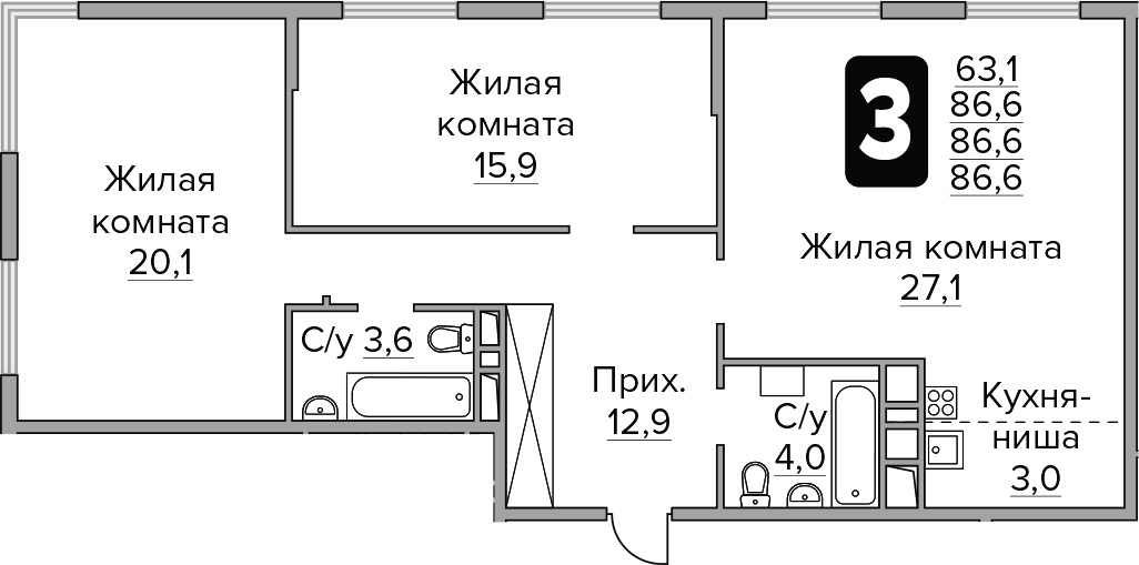 Планировка евротрёшка (3Е) 86.6 м² в ЖК «Гранель Бригантина», корпус 1