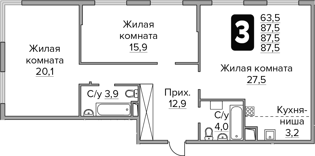 Планировка евротрёшка (3Е) 87.5 м² в ЖК «Гранель Бригантина», корпус 1