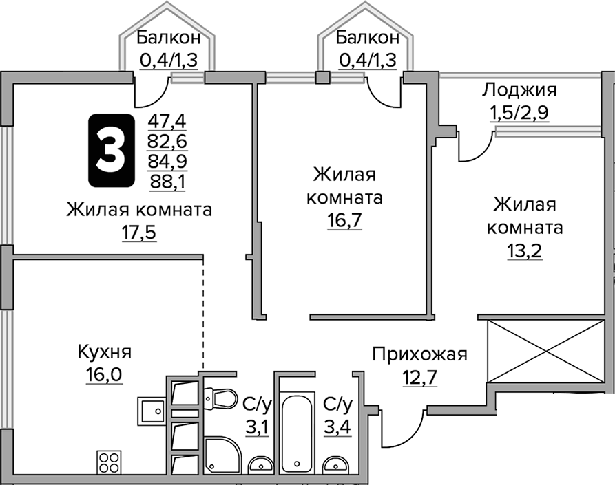 Планировка трёхкомнатная 88.1 м² в ЖК «Гранель Бригантина», корпус 1