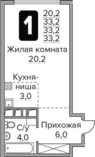 Планировка Студии 33.2 м² в ЖК «Гранель Бригантина», корпус 1