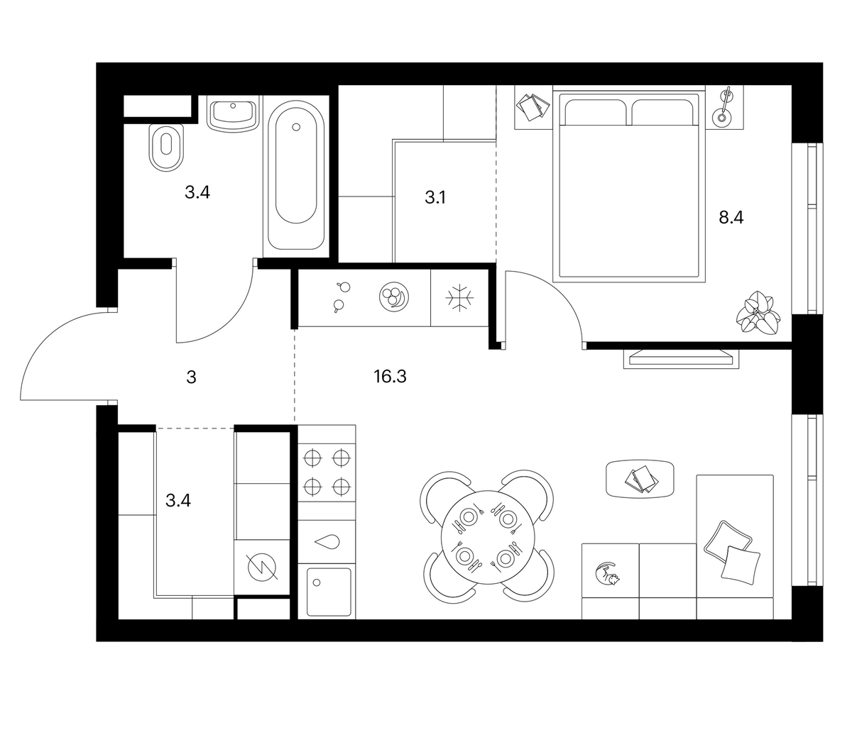 Планировка однокомнатная 37.6 м² в ЖК «Бунинская набережная», корпус 2.6/1.2