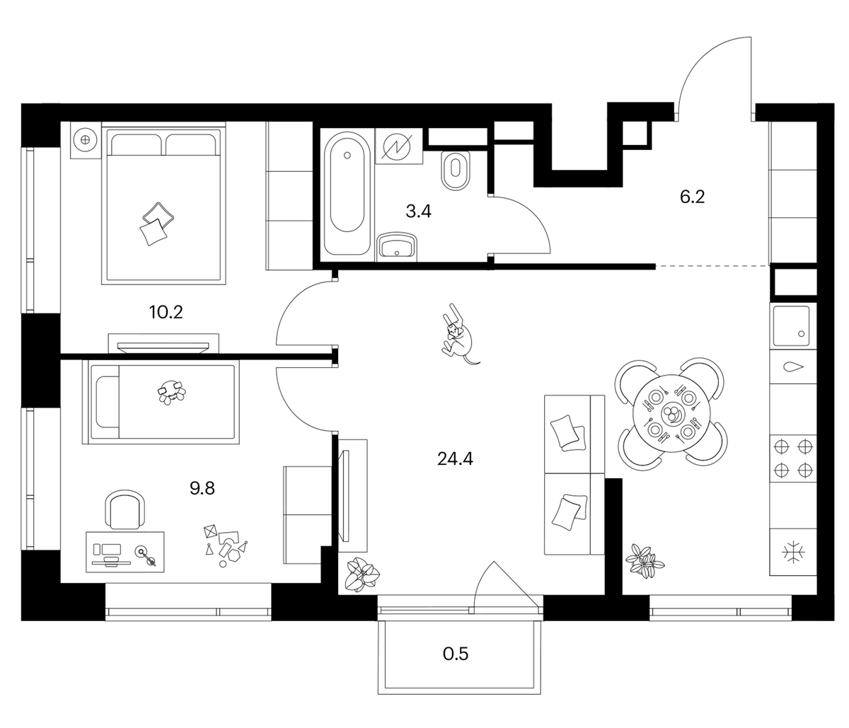 Планировка двухкомнатная 54.5 м² в ЖК «Бунинская набережная», корпус 2.6/1.4