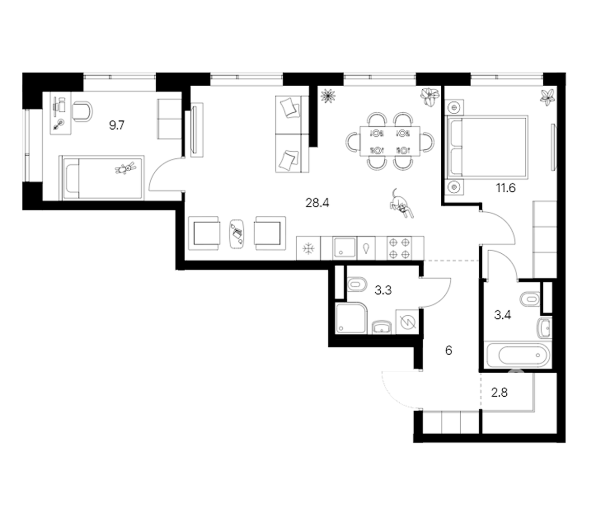 Планировка двухкомнатная 65.2 м² в ЖК «Бунинская набережная», корпус 2.6/1.5