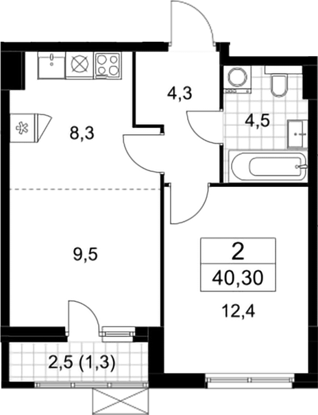 Планировка однокомнатная 40.3 м² в ЖК «Бунинские кварталы», корпус 7.3