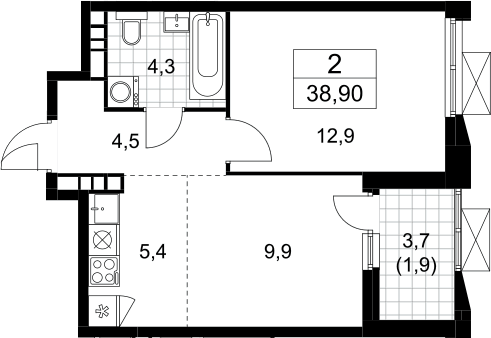 Планировка евродвушка (2Е) 38.9 м² в ЖК «Бунинские кварталы», корпус 5.2