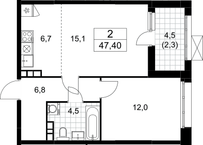 Планировка евродвушка (2Е) 47.4 м² в ЖК «Бунинские кварталы», корпус 6.5