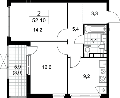 Планировка двухкомнатная 52.1 м² в ЖК «Бунинские кварталы», корпус 5.3