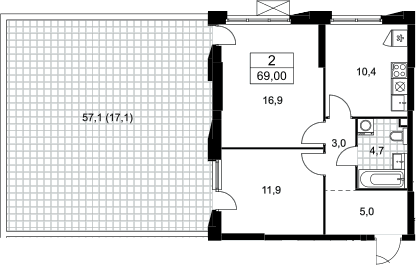 Планировка двухкомнатная 69 м² в ЖК «Бунинские кварталы», корпус 5.2