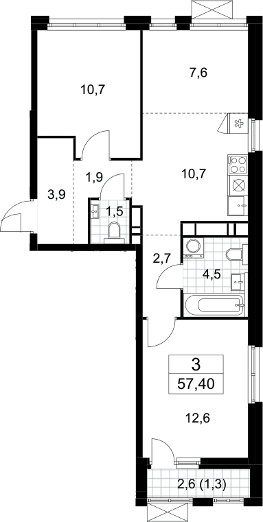 Планировка евротрёшка (3Е) 57.4 м² в ЖК «Бунинские кварталы», корпус 5.4