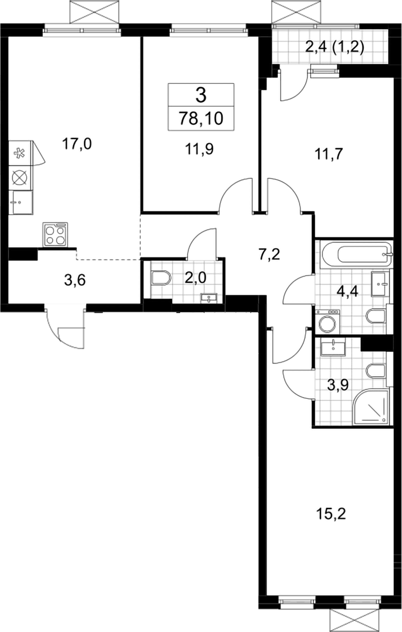 Планировка трёхкомнатная 78.1 м² в ЖК «Бунинские кварталы», корпус 7.3