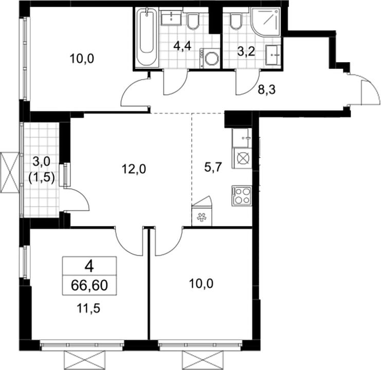 Планировка евро-4 (4Е) 66.6 м² в ЖК «Бунинские кварталы», корпус 7.4