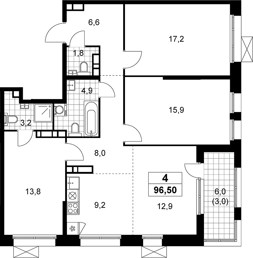 Планировка евро-4 (4Е) 96.5 м² в ЖК «Бунинские кварталы», корпус 6.5