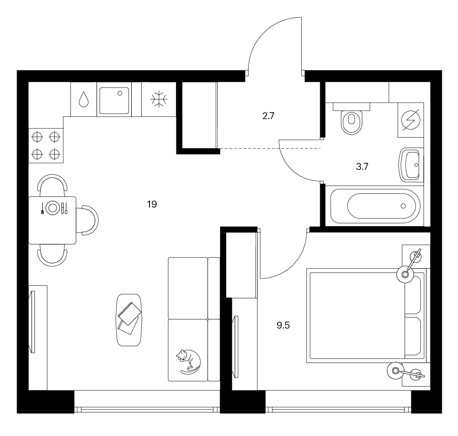Планировка однокомнатная 34.9 м² в ЖК «Бусиновский парк», корпус 2.3