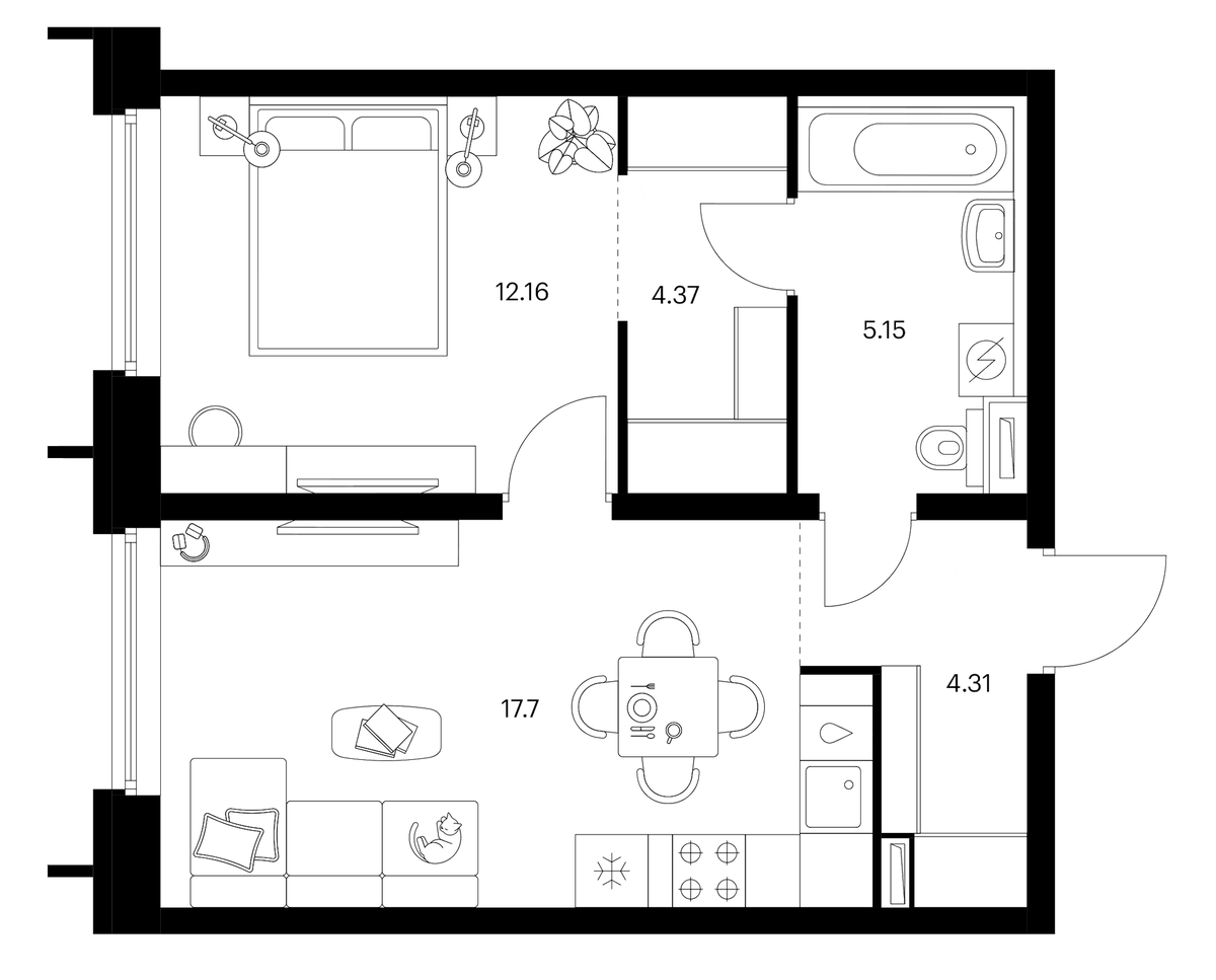 Планировка однокомнатная 43.69 м² в ЖК «Бусиновский парк», корпус 1.4