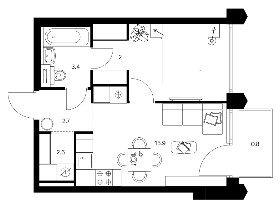 Планировка евродвушка (2Е) 36.9 м² в ЖК «Бусиновский парк», корпус 22.3