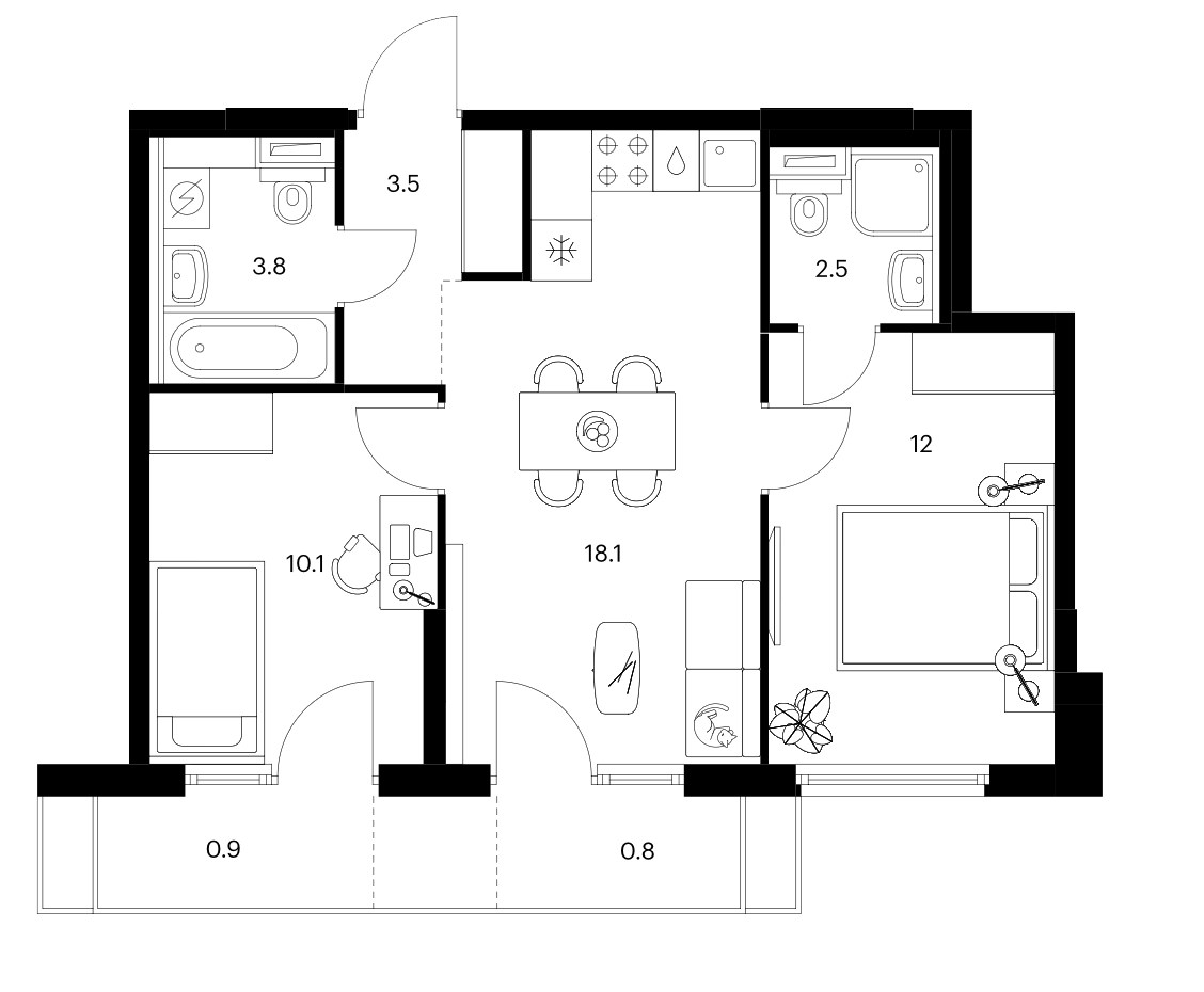 Планировка двухкомнатная 51.7 м² в ЖК «Бусиновский парк», корпус 22.2