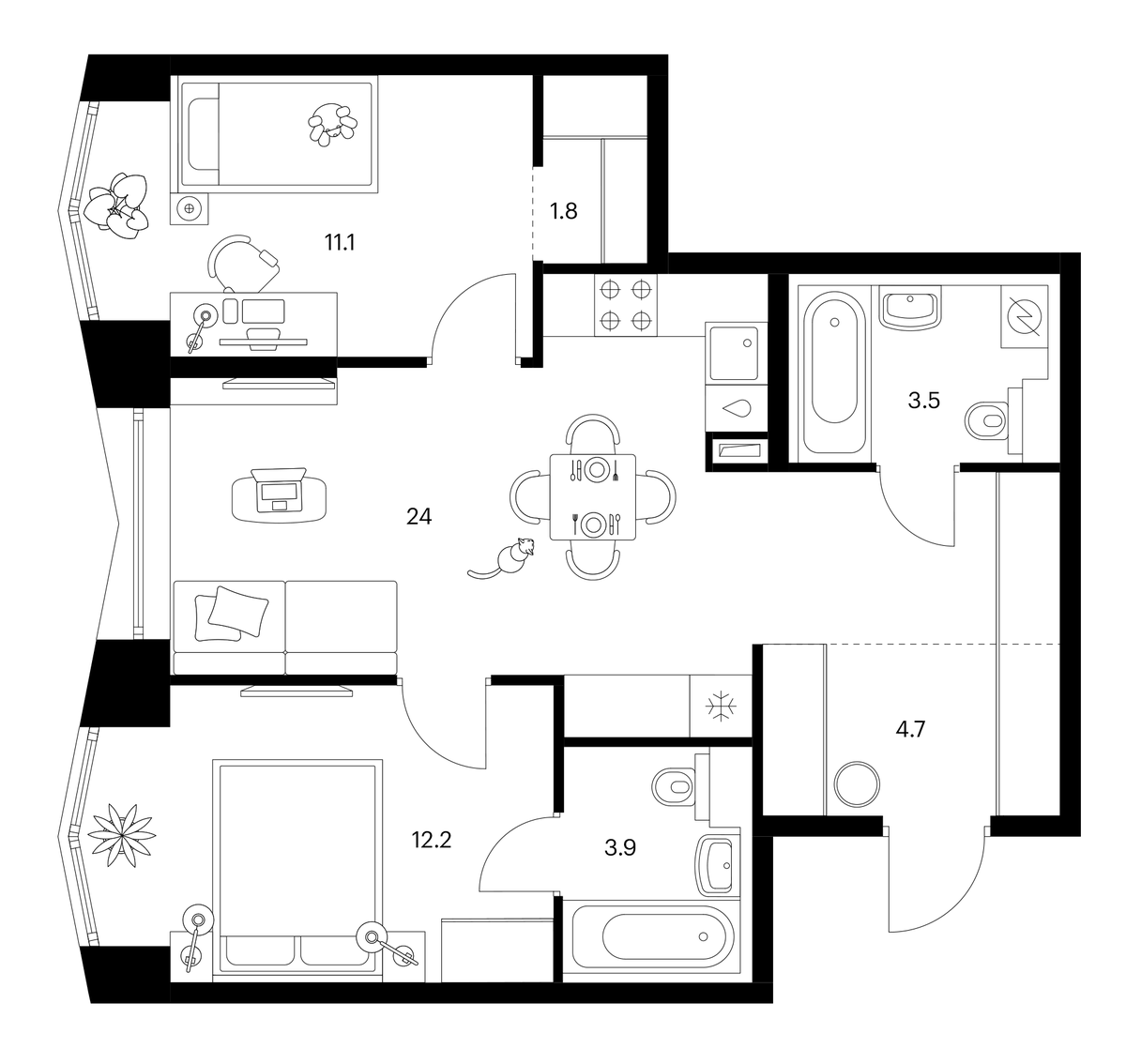 Планировка двухкомнатная 61.2 м² в ЖК «Бусиновский парк», корпус 2.3