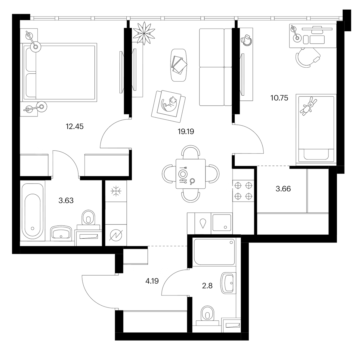 Планировка евротрёшка (3Е) 56.67 м² в ЖК «Бусиновский парк», корпус 1.4