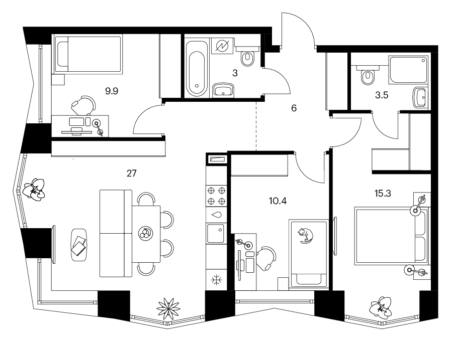 Планировка трёхкомнатная 75.1 м² в ЖК «Бусиновский парк», корпус 2.3
