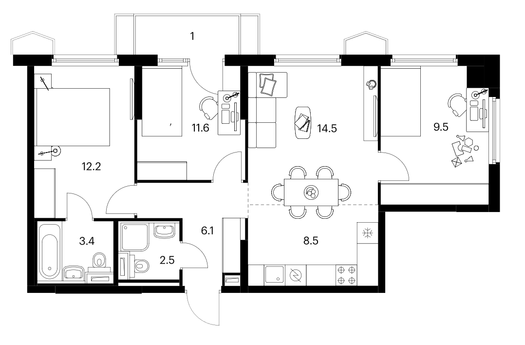 Планировка евро-4 (4Е) 69.3 м² в ЖК «Бусиновский парк», корпус 22.2