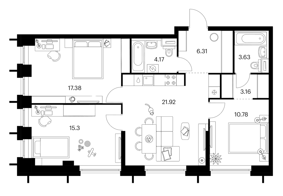 Планировка евро-4 (4Е) 82.65 м² в ЖК «Бусиновский парк», корпус 1.4