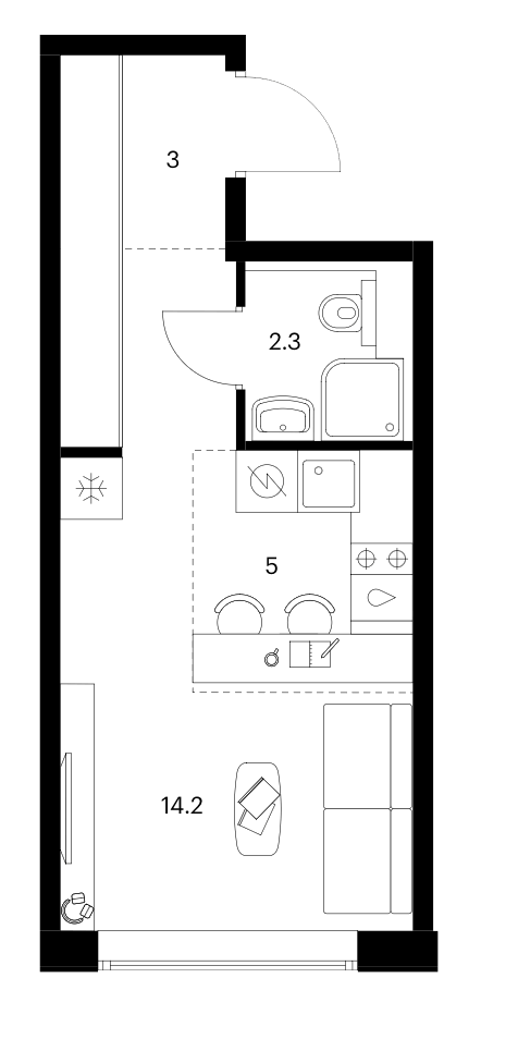 Планировка Студии 24.5 м² в ЖК «Бусиновский парк», корпус 2.3