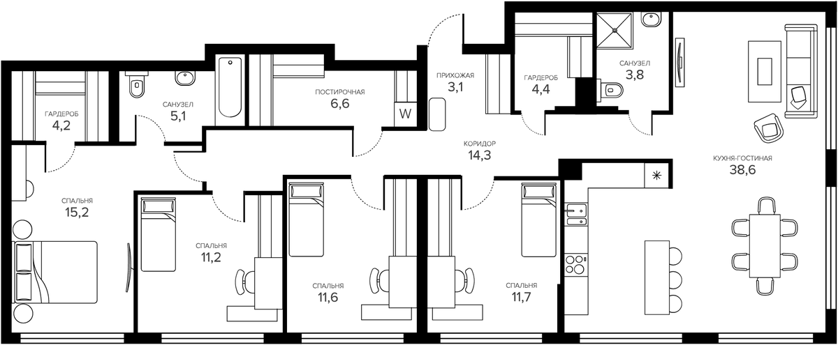 Планировка 5Е-к.кв 127.7 м² в ЖК «Champine», корпус 3
