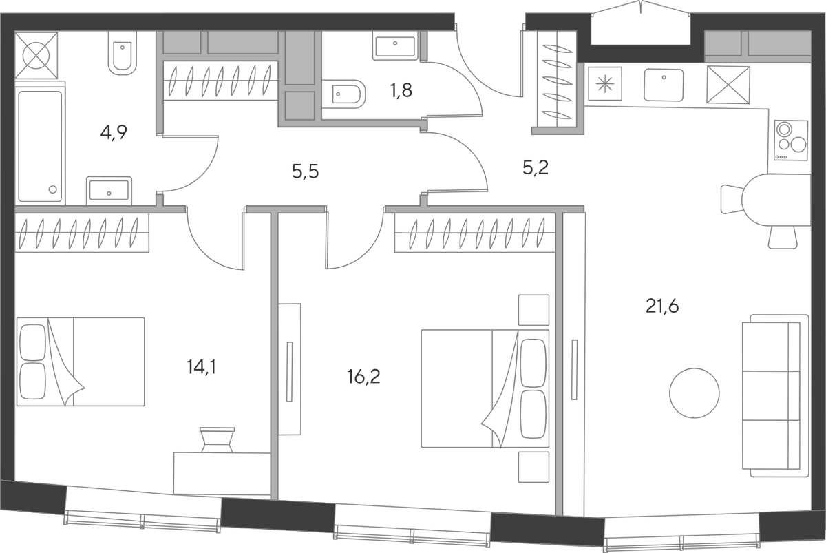 Планировка евротрёшка (3Е) 69.3 м² в ЖК «Дом Чкалов», корпус Б