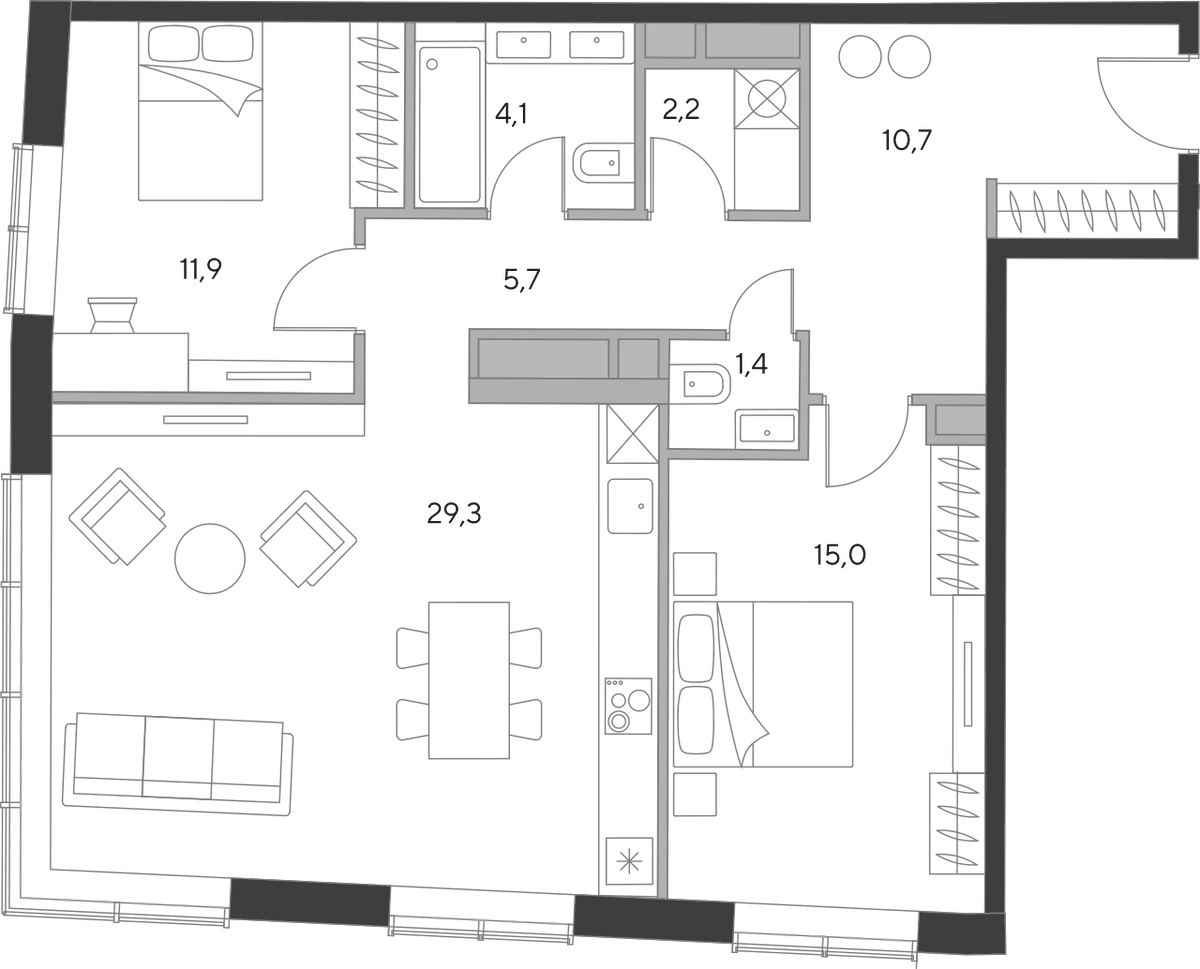 Планировка евротрёшка (3Е) 80.4 м² в ЖК «Дом Чкалов», корпус А