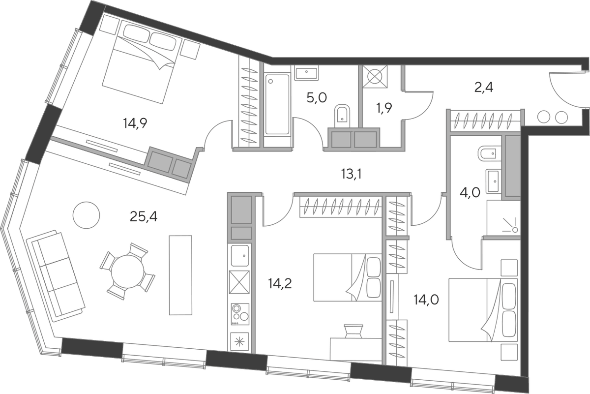 Планировка евро-4 (4Е) 94.9 м² в ЖК «Дом Чкалов», корпус Б