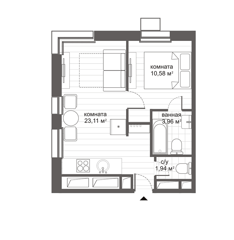 Планировка евродвушка (2Е) 39.59 м² в ЖК «Ситимикс Новокосино», корпус 1