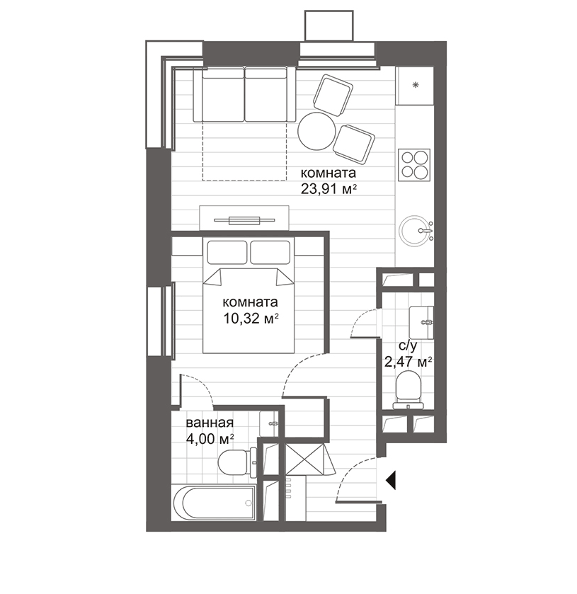 Планировка евродвушка (2Е) 40.7 м² в ЖК «Ситимикс Новокосино», корпус 1