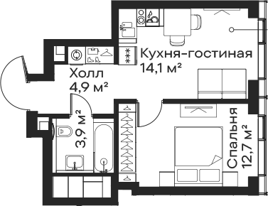 Планировка однокомнатная 35.6 м² в ЖК «Сити Бэй», корпус Пасифик 1.1