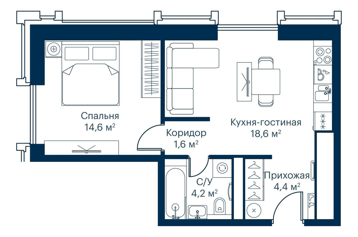 Планировка евродвушка (2Е) 43.4 м² в ЖК «Сити Бэй», корпус Индиан 6