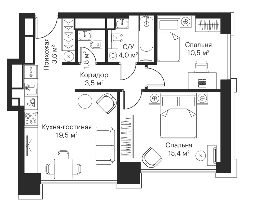 Планировка евротрёшка (3Е) 58.7 м² в ЖК «Сити Бэй», корпус Индиан 1
