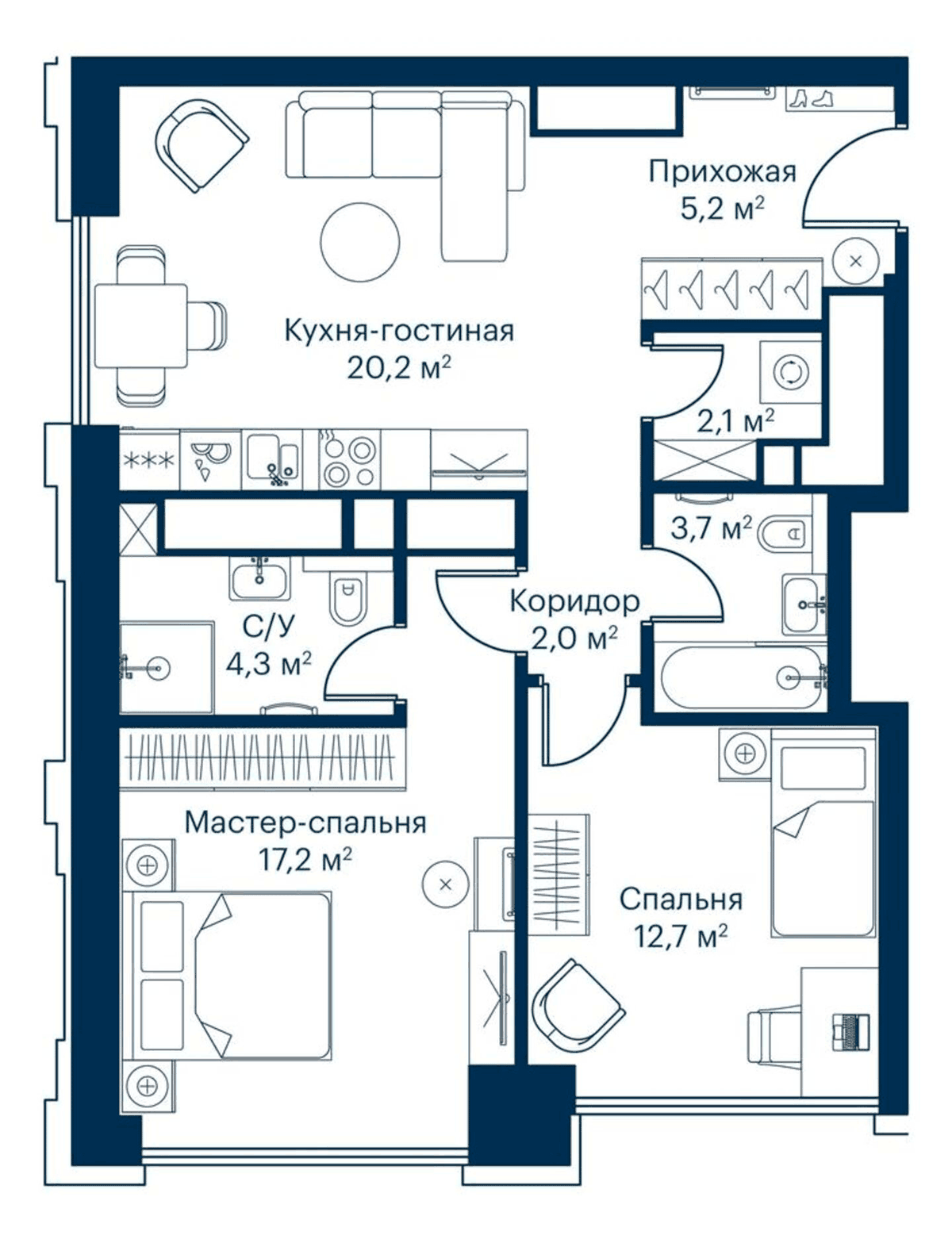 Планировка евротрёшка (3Е) 67.4 м² в ЖК «Сити Бэй», корпус Индиан 1