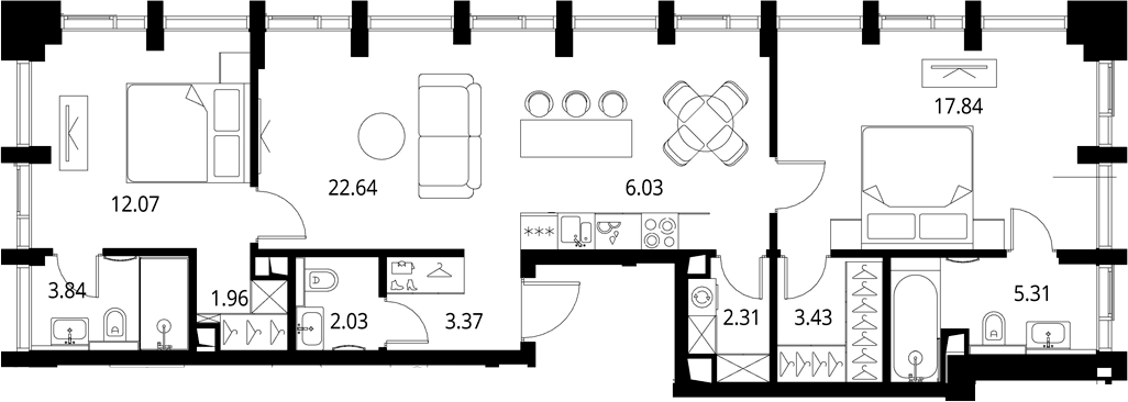 Планировка евротрёшка (3Е) 80.83 м² в ЖК «Сити Бэй», корпус Норс 4