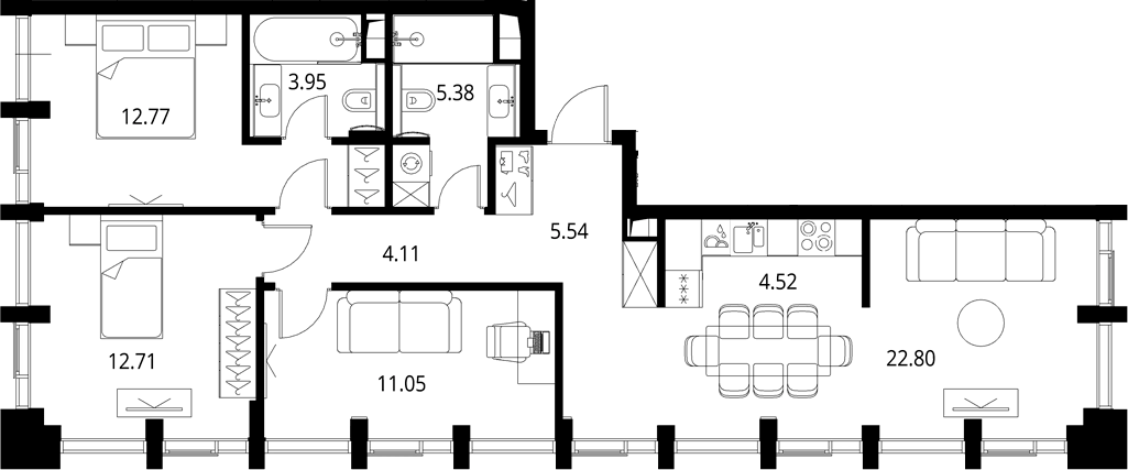 Планировка евро-4 (4Е) 82.83 м² в ЖК «Сити Бэй», корпус Норс 4